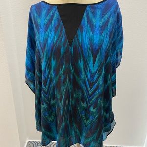 Chico size 1 never worn poncho, coverup, shirt. Gorgeous peacock colors